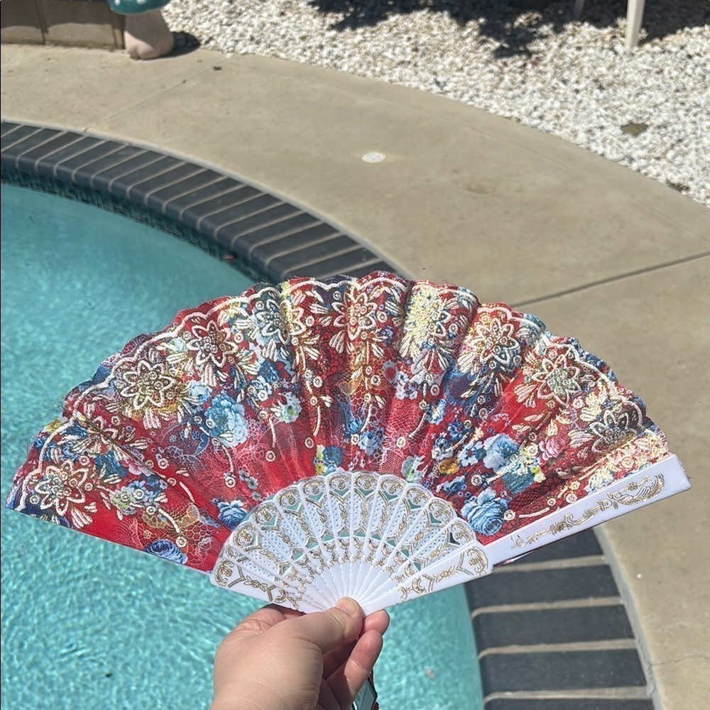 Red Colorful Floral Hand Fan